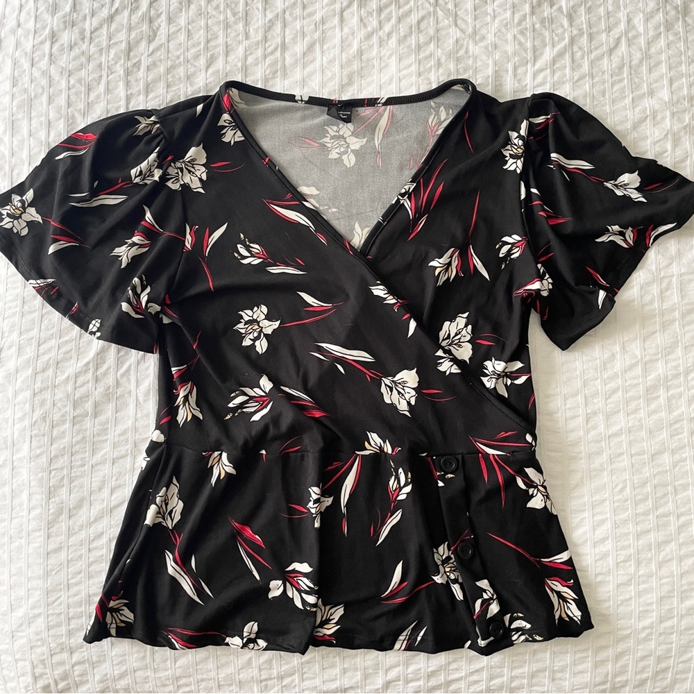 Floral Black Wrap Top